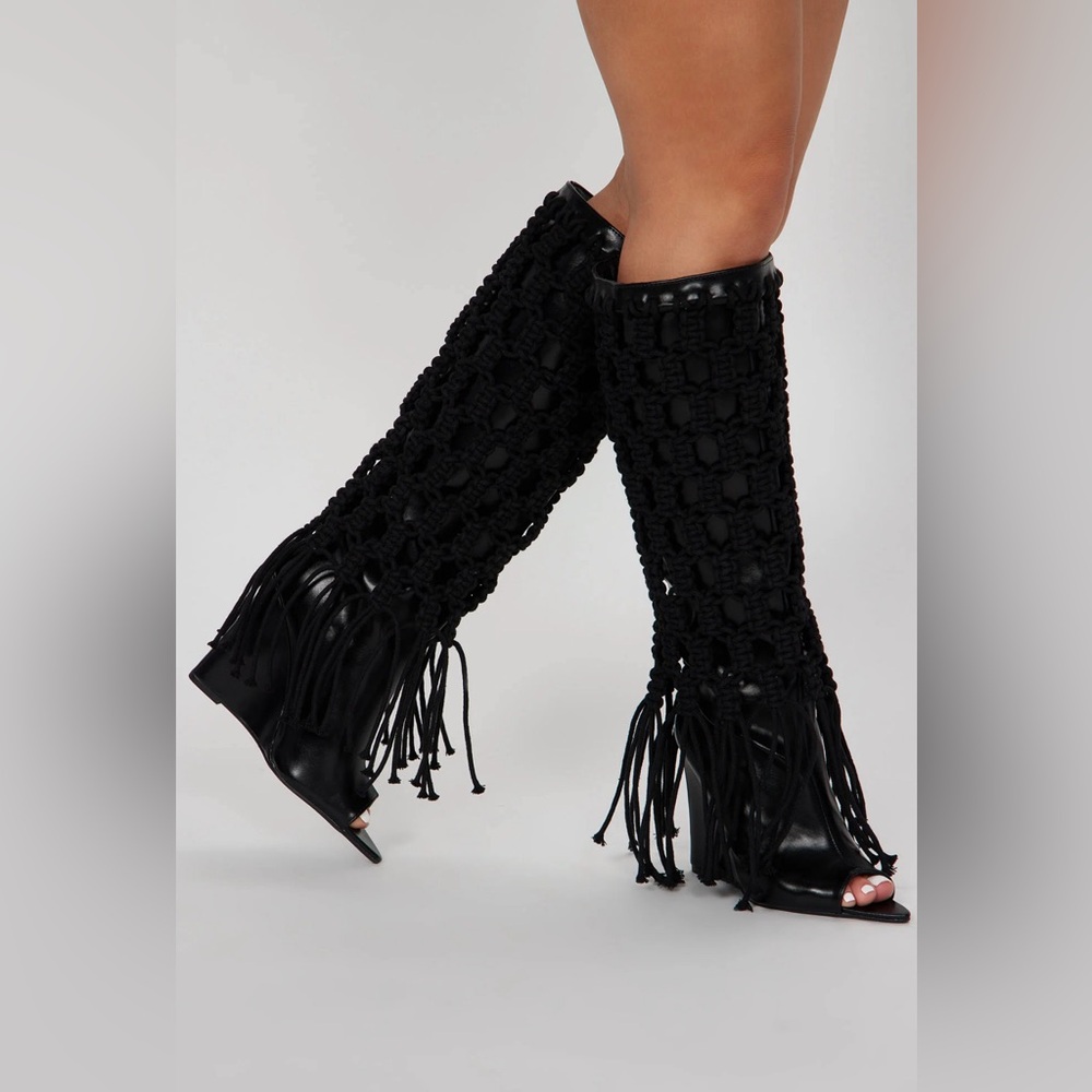 Black crochet knee high boots